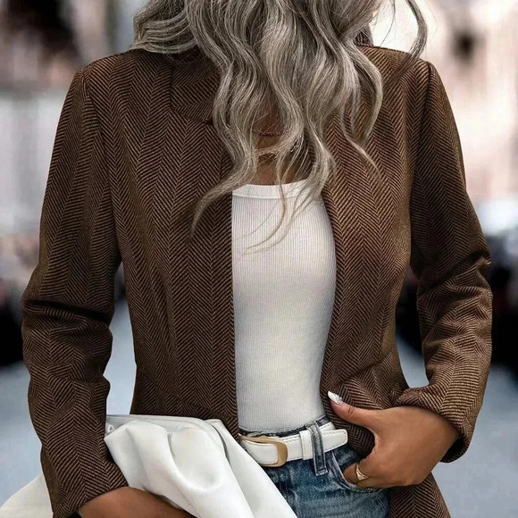 Coffee Brown Casual Women's Herringbone Pattern Long Sleeve Overcoat - Picture 3 of 7